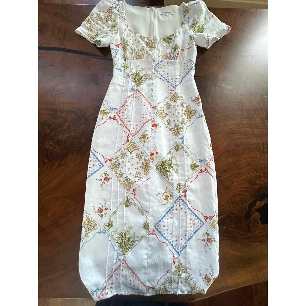 Rare Reformation Pierce Linen Midi Dress Coquette Floral Bows Size 0 Fits 2/4 S - Picture 4 of 8